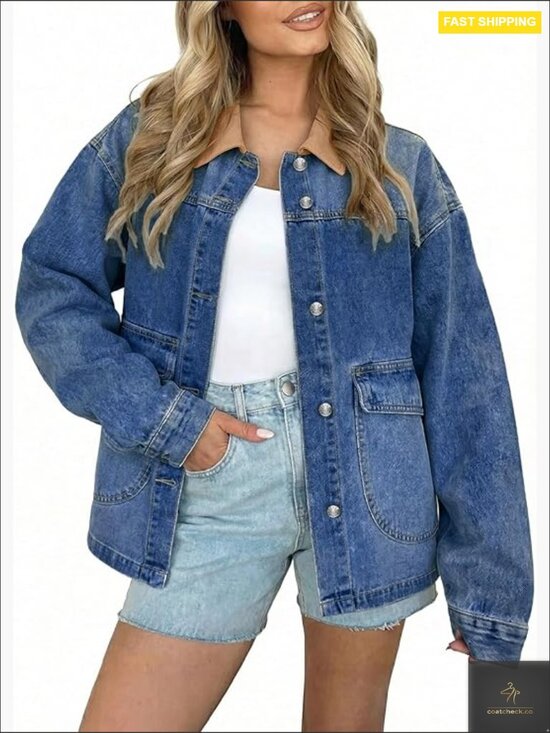 Jackets & Blazers - Oversized Boyfriend Denim Jacket Button Down Contrast Trim Barn Jacket With